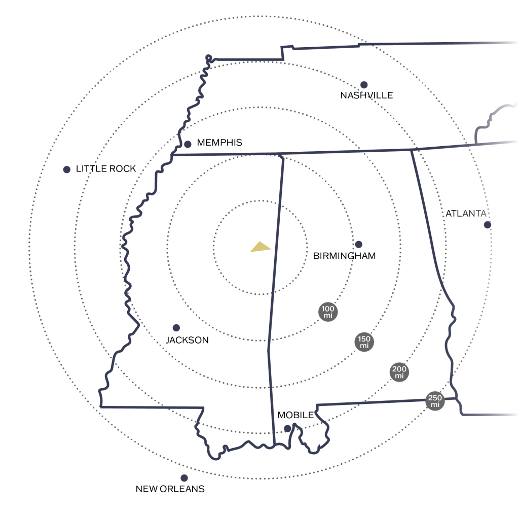 Map showing the location and drive time from the Golden Triangle in Mississippi